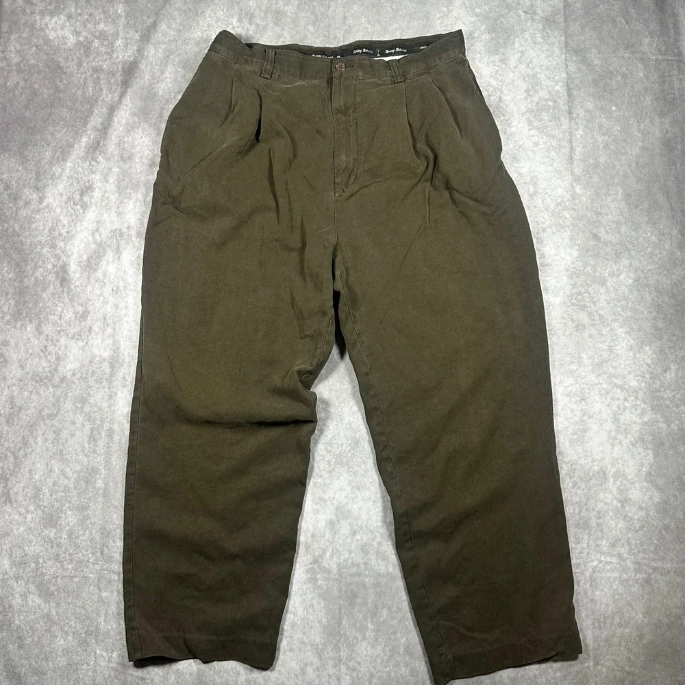 Tommy Bahama Mens 36 100% Silk Pleated Relaxed Trousers Olive Brown Casual Pants